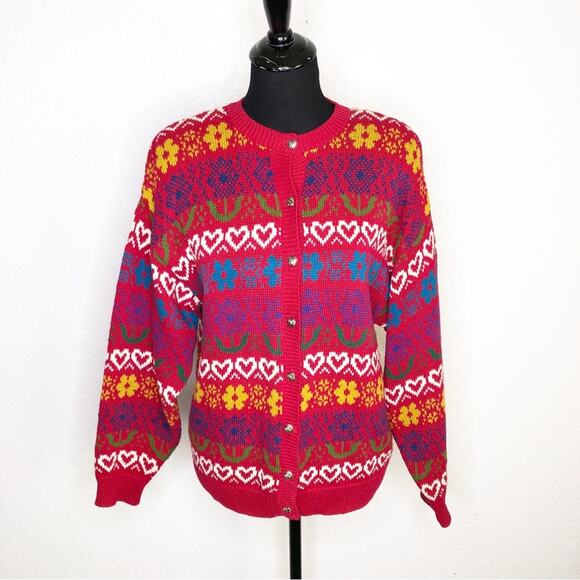 Northern Isles Sweaters - Vintage Northern Isles red heart floral knit button down cardigan size Large